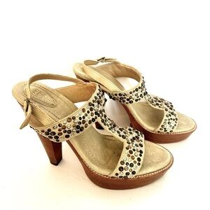 Frye Women’s Joy Studded Bone Leather Open Toe T Strap Platform Heels Size 9.5